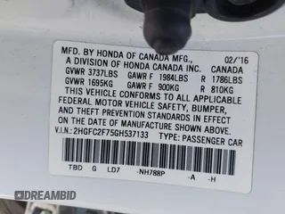 2016 Honda Civic Sedan EX with VIN 2HGFC2F75GH537133, listed as a IAAI auction lot 42081927 with 130,917 mi miles. Bid and sale history available at carsss.com. Image 9.