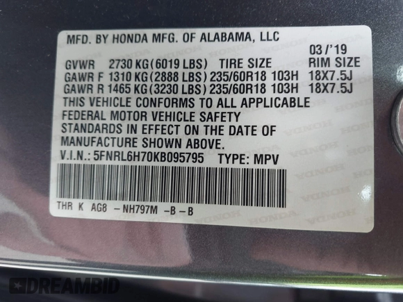 2019 Honda Odyssey EX-L with VIN 5FNRL6H70KB095795, listed as a IAAI auction lot 41535095 with 66,226 mi miles. Bid and sale history available at carsss.com. Image 9.