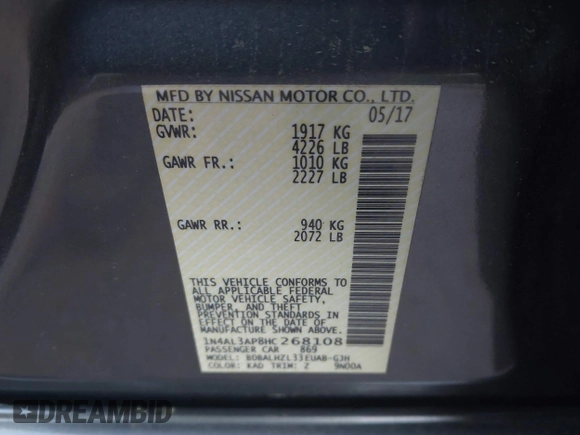 2017 Nissan Altima SV with VIN 1N4AL3AP8HC268108, listed as a IAAI auction lot 42033402 with 176,632 mi miles and . Bid and sale history available at DreamBid. Image 9.