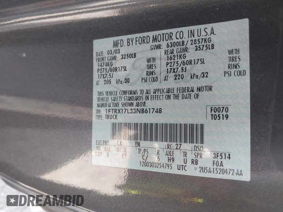 2003 Ford F-150 XL with VIN 1FTRX17L33NB61748, listed as a IAAI auction lot 41789730 with 301,092 mi miles. Bid and sale history available at carsss.com. Image 9.