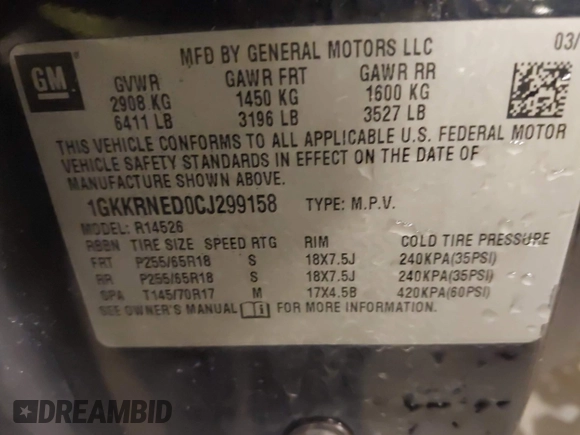 2012 GMC Acadia SL with VIN 1GKKRNED0CJ299158, listed as a IAAI auction lot 42428857 with 153,750 mi miles and . Bid and sale history available at DreamBid. Image 9.