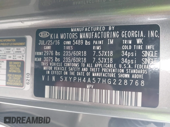 2017 Kia Sorento EX with VIN 5XYPH4A57HG228768, listed as a IAAI auction lot 42170840 with 125,420 mi miles and . Bid and sale history available at carsss.com. Image 9.