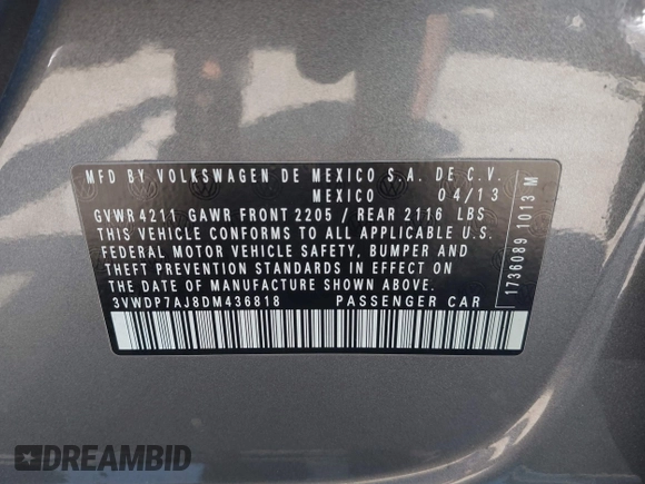 2013 Volkswagen Jetta SE with VIN 3VWDP7AJ8DM436818, listed as a IAAI auction lot 42386196 with 121,043 mi miles and . Bid and sale history available at DreamBid. Image 9.