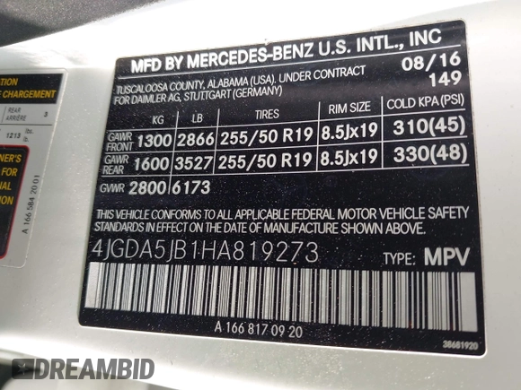 2017 Mercedes-Benz GLE 350 with VIN 4JGDA5JB1HA819273, listed as a IAAI auction lot 42211855 with 86,971 mi miles and . Bid and sale history available at DreamBid. Image 9.