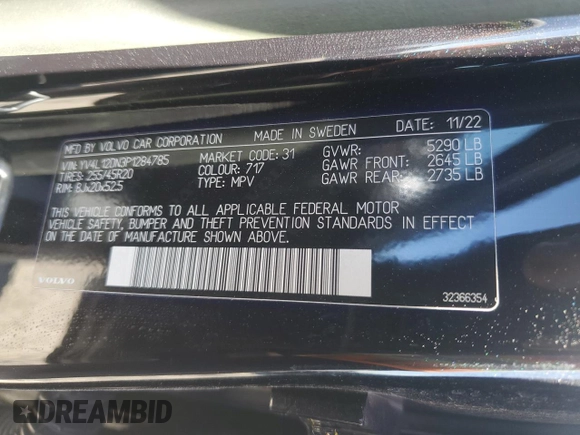2023 Volvo XC60 Plus Bright Theme with VIN YV4L12DN3P1284785, listed as a Copart auction lot 80897574 with Not Provided miles and Salvage Title. Bid and sale history available at DreamBid. Image 13.