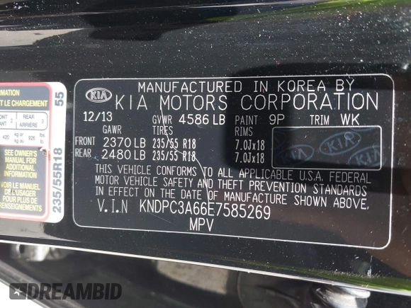 2014 Kia Sportage SX with VIN KNDPC3A66E7585269, listed as a IAAI auction lot 42423325 with 173,517 mi miles and . Bid and sale history available at DreamBid. Image 9.