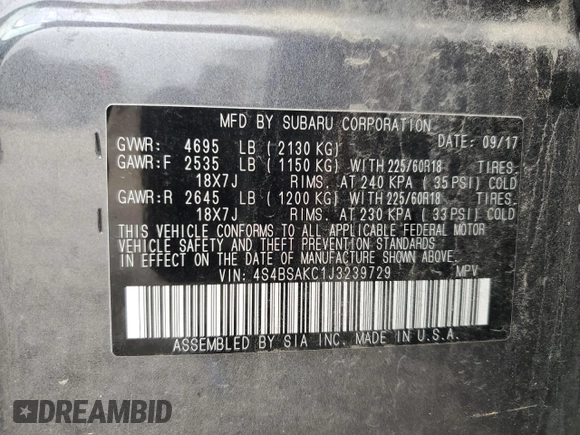 2018 Subaru Outback Limited with VIN 4S4BSAKC1J3239729, listed as a Copart auction lot 50261685 with 70,489 mi miles and Clean Title. Bid and sale history available at DreamBid. Image 13.