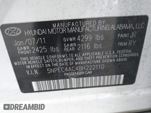 2011 Hyundai Sonata Limited with VIN 5NPEC4AC4BH222110, listed as a IAAI auction lot 42130902 with 159,745 mi miles and . Bid and sale history available at DreamBid. Image 9.