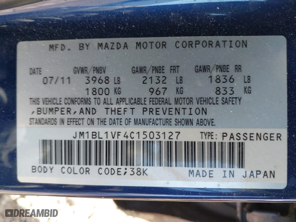 2012 Mazda Mazda3 i Touring with VIN JM1BL1VF4C1503127, listed as a IAAI auction lot 41423541 with 62,806 mi miles. Bid and sale history available at carsss.com. Image 9.