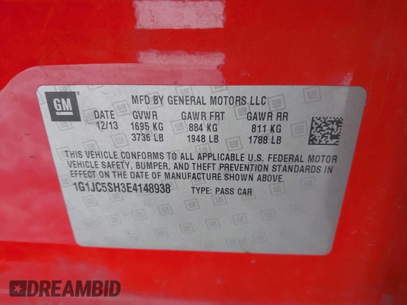 2014 Chevrolet Sonic LT with VIN 1G1JC5SH3E4148938, listed as a IAAI auction lot 41614802 with 135,847 mi miles and . Bid and sale history available at DreamBid. Image 9.