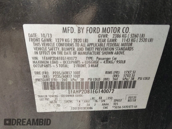 2014 Ford Taurus SE z VIN 1FAHP2D81EG140072, wystawiony jako IAAI lot #42124900 z przebiegiem 116 560 mil mil oraz . Historia ofert i sprzedaży dostępna na DreamBid. Obrazek 9.