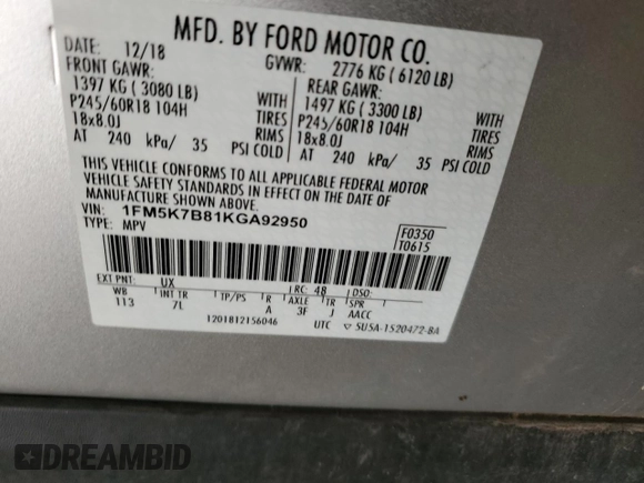 2019 Ford Explorer with VIN 1FM5K7B81KGA92950, listed as a Copart auction lot 88860035 with 136,160 mi miles and Clean title. Bid and sale history available at DreamBid. Image 13.