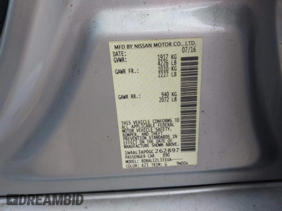 2016 Nissan Altima SV with VIN 1N4AL3AP0GC262897, listed as a IAAI auction lot 41063385 with 157,331 mi miles and . Bid and sale history available at DreamBid. Image 9.
