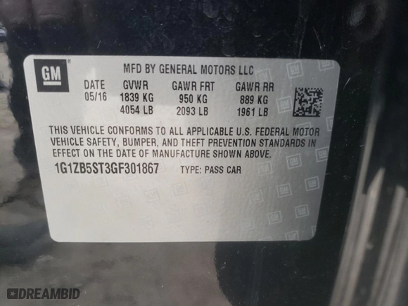 2016 Chevrolet Malibu LS with VIN 1G1ZB5ST3GF301867, listed as a Copart auction lot 44506605 with 68,250 mi miles and Salvage Title. Bid and sale history available at carsss.com. Image 12.