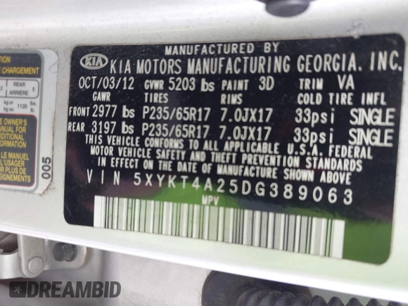 2013 Kia Sorento LX with VIN 5XYKT4A25DG389063, listed as a IAAI auction lot 41581301 with 167,726 mi miles. Bid and sale history available at carsss.com. Image 9.