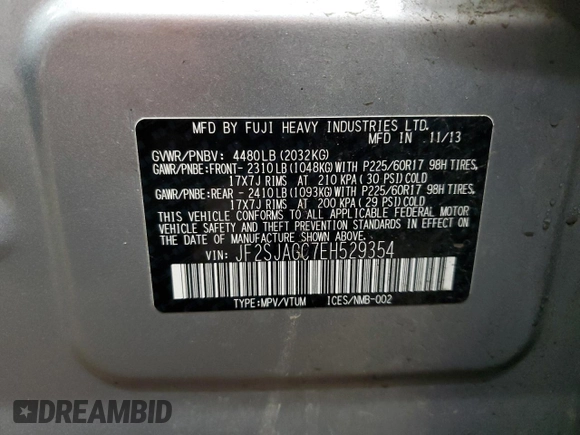 2014 Subaru Forester Premium with VIN JF2SJAGC7EH529354, listed as a Copart auction lot 46778865 with 187,302 mi miles and Non Repairable. Bid and sale history available at DreamBid. Image 15.