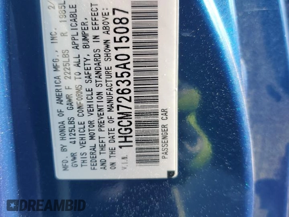 2005 Honda Accord EX-L z VIN 1HGCM72635A015087, wystawiony jako Copart lot #58039475 z przebiegiem 191 972 mil mil oraz Szkoda całkowita • Salvage title. Historia ofert i sprzedaży dostępna na DreamBid. Obrazek 12.