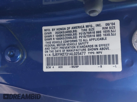 2004 Honda Element with VIN 5J6YH27314L025477, listed as a IAAI auction lot 41904270 with Not Provided miles and . Bid and sale history available at DreamBid. Image 9.