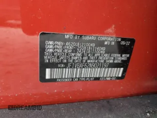 2022 Subaru WRX Premium with VIN JF1VBAF62N9021197, listed as a Copart auction lot 61986355 with Not provided miles and Non repairable. Bid and sale history available at DreamBid. Image 13.