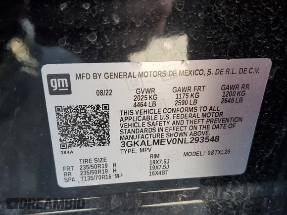 2022 GMC Terrain SLE z VIN 3GKALMEV0NL293548, wystawiony jako Copart lot #51982185 z przebiegiem 56 695 mil mil oraz Szkoda całkowita • Salvage title. Historia ofert i sprzedaży dostępna na DreamBid. Obrazek 15.