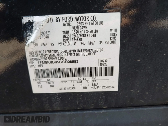 2016 Ford Explorer XLT with VIN 1FM5K8D85GGD08583, listed as a IAAI auction lot 41870524 with 93,390 mi miles and . Bid and sale history available at carsss.com. Image 9.