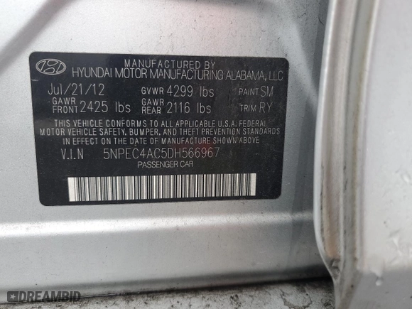 2013 Hyundai Sonata SE with VIN 5NPEC4AC5DH566967, listed as a Copart auction lot 43836585 with 99,565 mi miles and Salvage Title. Bid and sale history available at carsss.com. Image 13.