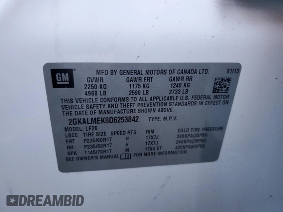 2013 GMC Terrain SLE z VIN 2GKALMEK8D6253842, wystawiony jako Copart lot #78700484 z przebiegiem 173 272 mil mil oraz Szkoda całkowita • Salvage title. Historia ofert i sprzedaży dostępna na DreamBid. Obrazek 13.