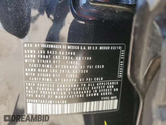 2018 Volkswagen Tiguan S с VIN 3VV0B7AX2JM114189, выставлен на аукционе Copart как лот 56109665 с пробегом 65 432 миль миль и Списание • Salvage title. История ставок и продаж доступна на DreamBid. Изображение 13.