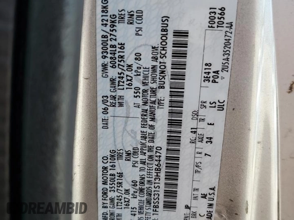 2003 Ford Econoline Passenger XL z VIN 1FBSS31S13HB64470, wystawiony jako Copart lot #55650805 z przebiegiem 278 968 mil mil oraz Szkoda całkowita • Salvage title. Historia ofert i sprzedaży dostępna na DreamBid. Obrazek 13.