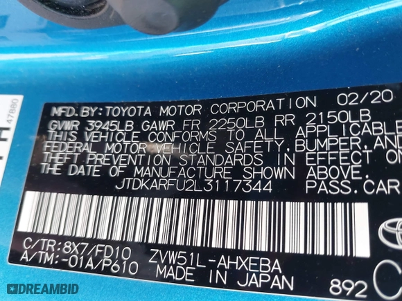 2020 Toyota Prius L Eco with VIN JTDKARFU2L3117344, listed as a IAAI auction lot 41613442 with 64,902 mi miles. Bid and sale history available at carsss.com. Image 9.