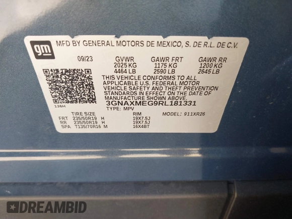 2024 Chevrolet Equinox RS with VIN 3GNAXMEG9RL181331, listed as a IAAI auction lot 41711779 with 15,405 mi miles and . Bid and sale history available at DreamBid. Image 9.