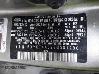 2014 Kia Sorento LX with VIN 5XYKT4A62EG501290, listed as a IAAI auction lot 41674127 with 130,772 mi miles. Bid and sale history available at carsss.com. Image 9.