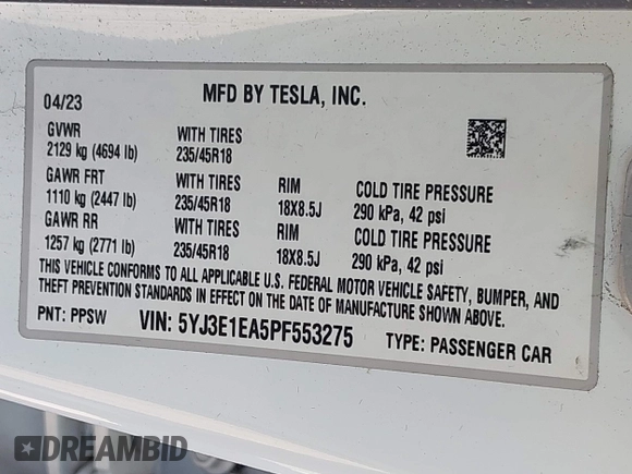 2023 Tesla Model 3 z VIN 5YJ3E1EA5PF553275, wystawiony jako IAAI lot #42132154 z przebiegiem Nie podano mil oraz . Historia ofert i sprzedaży dostępna na DreamBid. Obrazek 9.