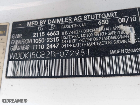 2011 Mercedes-Benz E-Class E 350 with VIN WDDKJ5GB2BF072981, listed as a IAAI auction lot 40683703 with 192,421 mi miles. Bid and sale history available at carsss.com. Image 9.