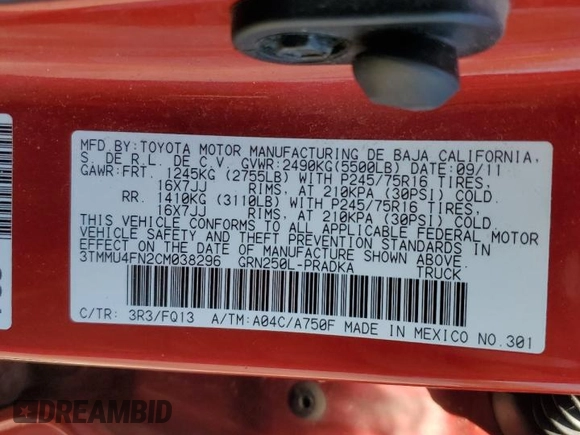 2012 Toyota Tacoma with VIN 3TMMU4FN2CM038296, listed as a Copart auction lot 54775425 with 190,790 mi miles and Clean title. Bid and sale history available at DreamBid. Image 12.