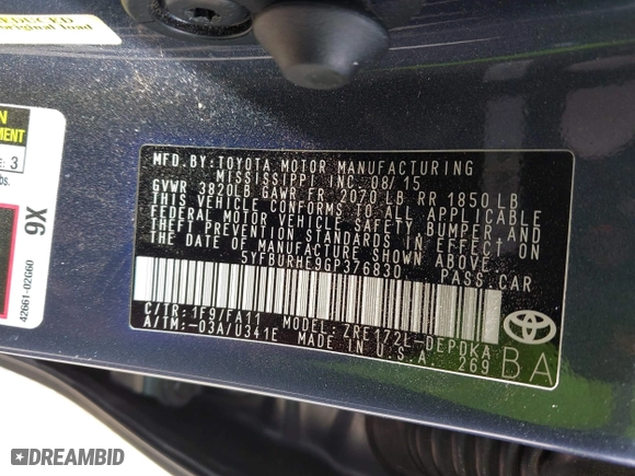 2016 Toyota Corolla L with VIN 5YFBURHE9GP376830, listed as a IAAI auction lot 41809480 with 106,922 mi miles. Bid and sale history available at carsss.com. Image 9.