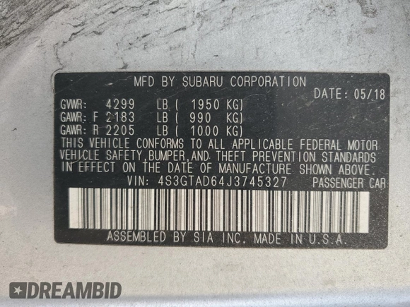 2018 Subaru Impreza Premium with VIN 4S3GTAD64J3745327, listed as a Copart auction lot 58185385 with 179,945 mi miles and Salvage title. Bid and sale history available at DreamBid. Image 13.