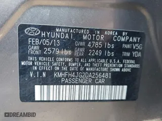 2013 Hyundai Azera with VIN KMHFH4JG2DA256481, listed as a IAAI auction lot 41673405 with 180,130 mi miles. Bid and sale history available at carsss.com. Image 9.