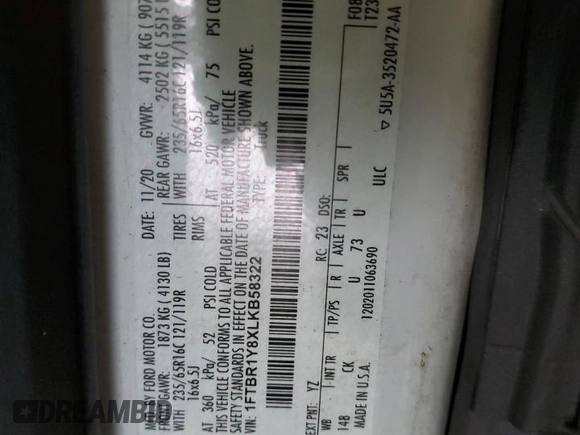 2020 Ford Transit Cargo with VIN 1FTBR1Y8XLKB58322, listed as a Copart auction lot 53746245 with 292,325 mi miles and Salvage Title. Bid and sale history available at DreamBid. Image 13.