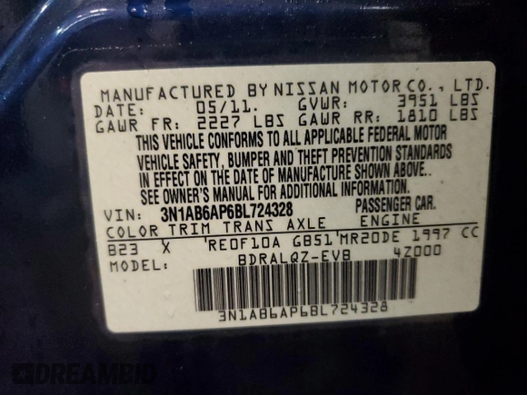2011 Nissan Sentra SR with VIN 3N1AB6AP6BL724328, listed as a Copart auction lot 45697195 with 42,299 mi miles and Salvage Title. Bid and sale history available at DreamBid. Image 14.