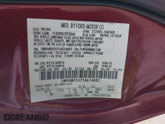 2005 Mercury Sable LS with VIN 1MEHM55S75A614882, listed as a IAAI auction lot 41845775 with 206,202 mi miles and . Bid and sale history available at DreamBid. Image 9.