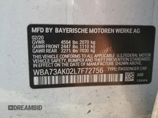 2020 BMW 2 Series 228i xDrive with VIN WBA73AK02L7F72756, listed as a Copart auction lot 59174455 with 60,415 mi miles and Salvage title. Bid and sale history available at DreamBid. Image 12.