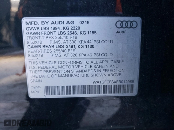 2015 Audi Q3 2.0T Prestige with VIN WA1GFCFSXFR012985, listed as a Copart auction lot 72664712 with 114,112 mi miles. Bid and sale history available at carsss.com. Image 14.