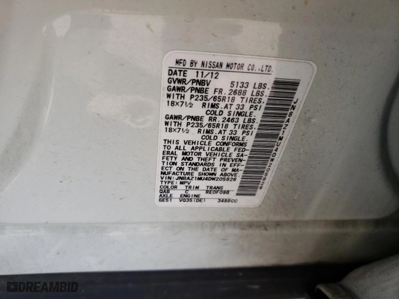 2013 Nissan Murano SV with VIN JN8AZ1MU4DW205826, listed as a Copart auction lot 75486844 with 79,710 mi miles and Salvage Title. Bid and sale history available at carsss.com. Image 16.