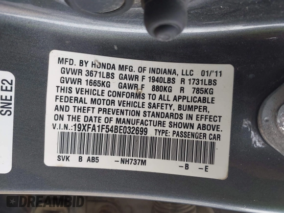 2011 Honda Civic LX with VIN 19XFA1F54BE032699, listed as a IAAI auction lot 42060272 with 197,905 mi miles and . Bid and sale history available at DreamBid. Image 9.