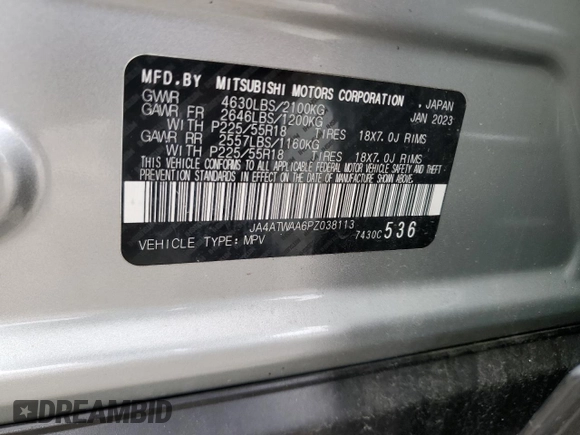 2023 Mitsubishi Eclipse Cross SE z VIN JA4ATWAA6PZ038113, wystawiony jako Copart lot #52232905 z przebiegiem 46 904 mil mil oraz Szkoda całkowita • Salvage title. Historia ofert i sprzedaży dostępna na DreamBid. Obrazek 16.