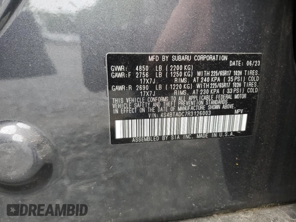 2024 Subaru Outback Premium with VIN 4S4BTADC7R3126003, listed as a Copart auction lot 60436015 with 8,973 mi miles and Salvage title. Bid and sale history available at DreamBid. Image 13.
