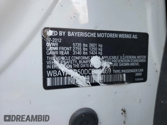 2013 BMW 7 Series 750i with VIN WBAYA8C50DC996469, listed as a Copart auction lot 41450395 with 17,504 mi miles and Non repairable. Bid and sale history available at DreamBid. Image 12.