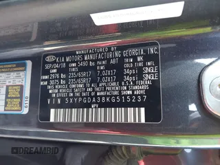 2019 Kia Sorento LX with VIN 5XYPGDA38KG515237, listed as a IAAI auction lot 41782259 with 55,543 mi miles. Bid and sale history available at carsss.com. Image 9.