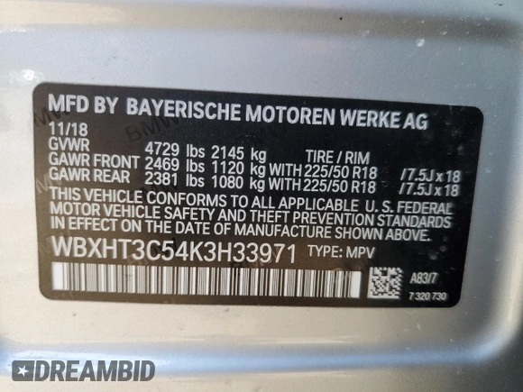 2019 BMW X1 xDrive28i with VIN WBXHT3C54K3H33971, listed as a Copart auction lot 44819833 with 55,877 mi miles. Bid and sale history available at carsss.com. Image 12.